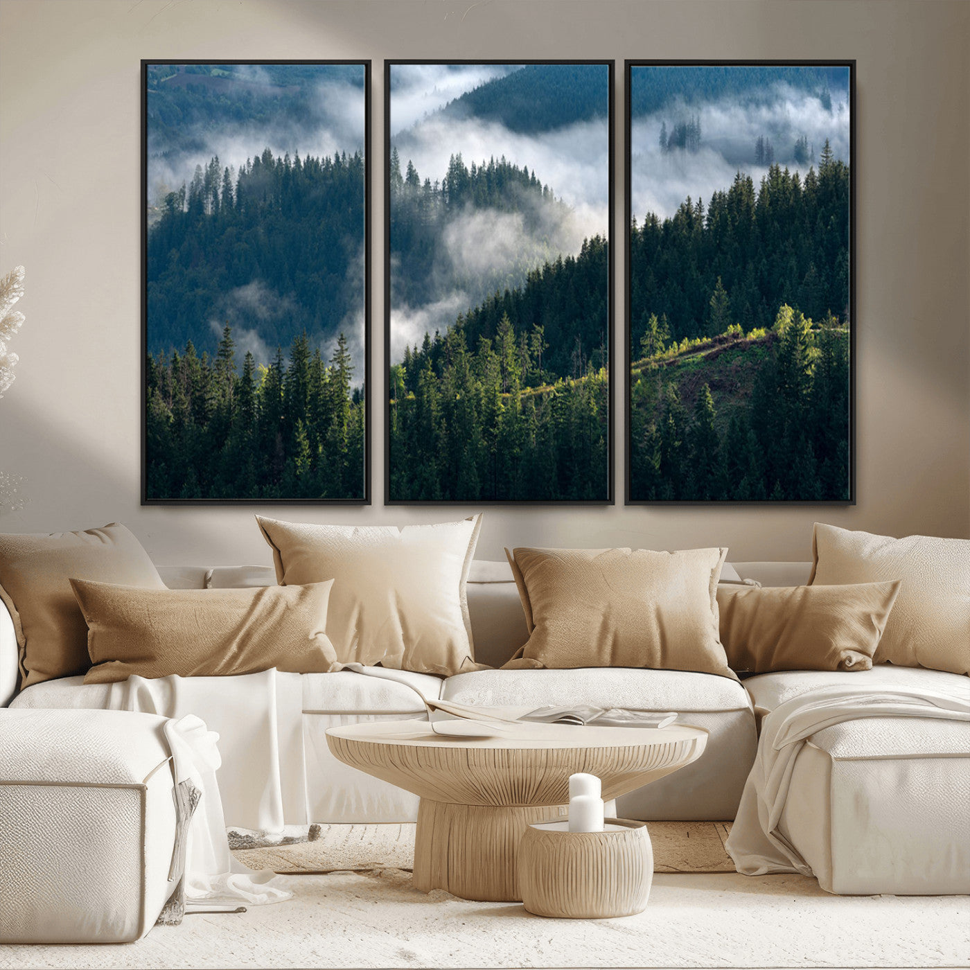55972-MGV-FC-48X32-3P_Black-Whispering Pines Wall Art – Panoramic Misty Forest Canvas Print, Serene Nature Decor for Home, Office or Cabin Retreat
