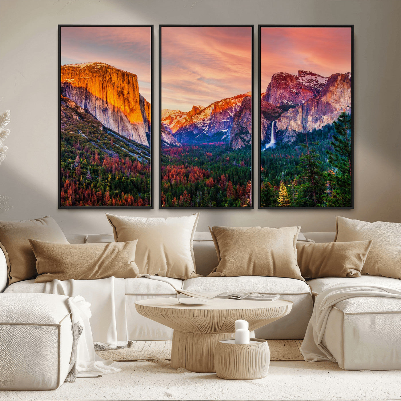 24519-MGV-FC-48X32-3P_Black-Yosemite Valley Sunset Wall Art – Majestic Mountain Landscape with Waterfall and Vibrant Sky, Nature Photography for Home or