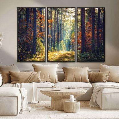 86249-MGV-CV-36X24-Sunlit Autumn Forest Path Wall Art – Peaceful Nature Scene with Fall Foliage, Calming Woods Decor for Home or Office