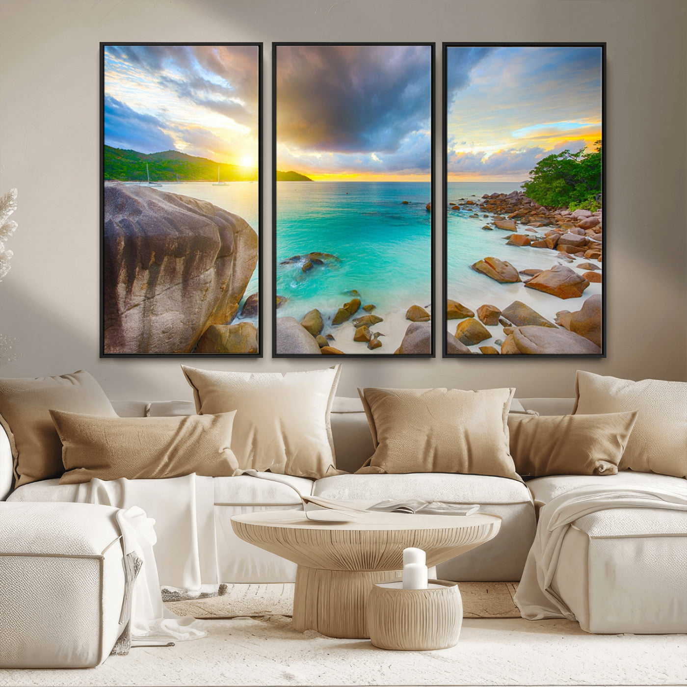 23769-MGV-FC-48X32-3P_Black-Tropical Beach Sunset Wall Art – Serene Ocean Canvas Print, Coastal Landscape Decor for Living Room, Bedroom or Office, Peaceful