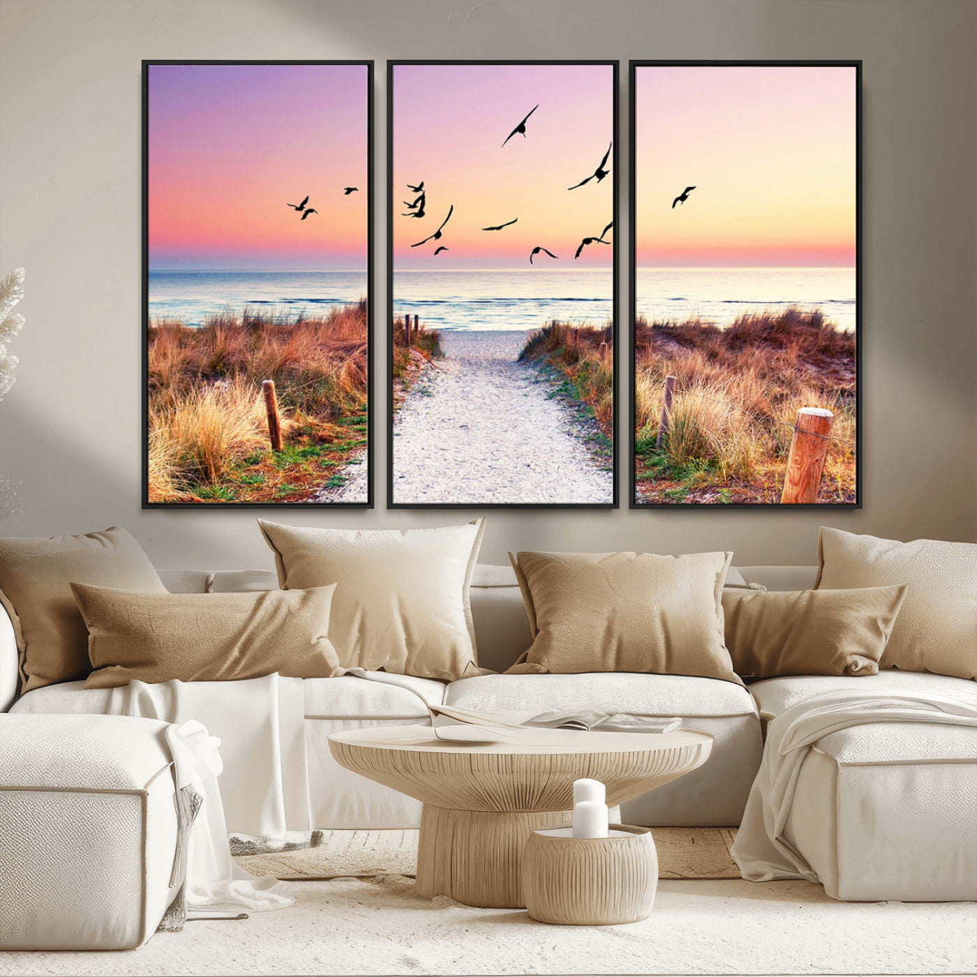 54411-MGV-FC-48X32-3P_Black-Coastal Path Sunrise Wall Art – Serene Ocean Canvas Print, Beach Landscape Decor for Living Room, Bedroom or Office, Peaceful