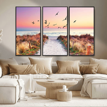 54411-MGV-CV-36X24-Beach Path with Birds Wall Art – Coastal Sunset Ocean Canvas Print, Seaside Nature Landscape Photography for Living Room, Bedroom
