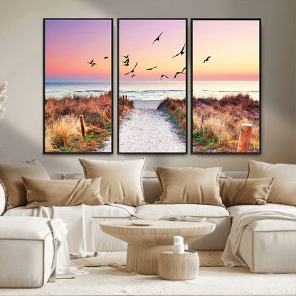 54411-MGV-CV-36X24-Beach Path with Birds Wall Art – Coastal Sunset Ocean Canvas Print, Seaside Nature Landscape Photography for Living Room, Bedroom