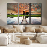 29105-MGV-CV-36X24-Rustic Wooden Bridge Wall Art – Scenic Sunset Over Rice Fields and Reflective Water Canvas Print, Nature Landscape Decor for