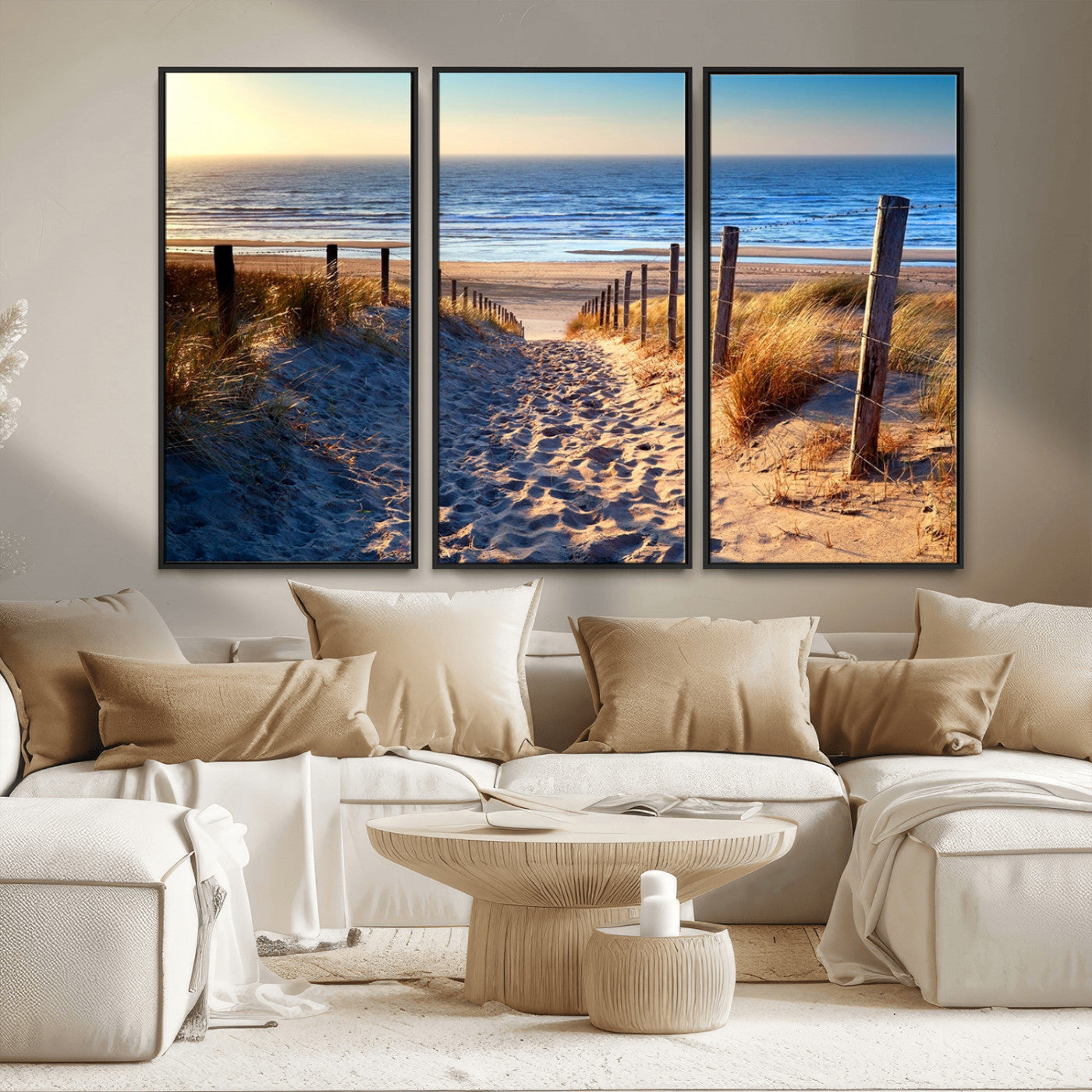31889-MGV-CV-36X24-Sandy Beach Pathway Wall Art – Coastal Dune Fence and Ocean View Canvas Print, Relaxing Seaside Landscape Decor for Living Room or