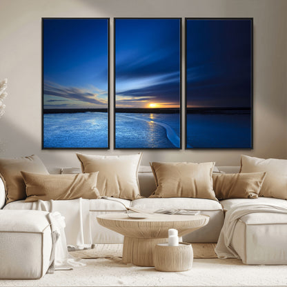 65405-MGV-CV-36X24-Blue Sunrise Seascape Wall Art – Tranquil Ocean Horizon Canvas Print with Golden Sunlight and Deep Sky, Coastal Landscape Decor