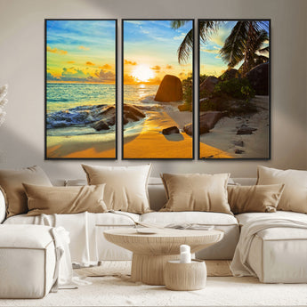 26181-MGV-CV-36X24-Golden Tropical Sunset Beach Wall Art – Ocean Canvas Print with Palm Trees and Rocks, Coastal Paradise Decor for Living Room or
