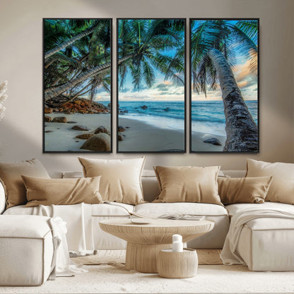 39679-MGV-CV-36X24-Tropical Palm Beach Wall Art – Serene Ocean Canvas Print with Palm Trees and Rocks, Coastal Paradise Decor for Living Room or
