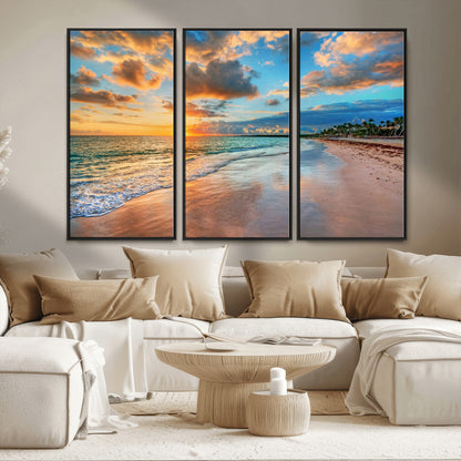 41572-MGV-CV-36X24-Sunset Beach Wall Art – Ocean Waves and Palm Trees Canvas Print, Tropical Coastal Sunset Seascape Decor for Living Room, Bedroom