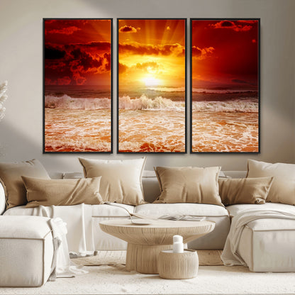 60211-MGV-CV-36X24-Fiery Sunset Ocean Waves Canvas Print – Vibrant Red & Orange Coastal Wall Art, Dramatic Seascape Decor