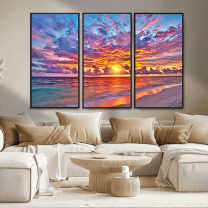 72836-MGV-CV-36X24-Fiery Sunset Beach Wall Art – Panoramic Vibrant Ocean Canvas Print, Dramatic Coastal Decor for Living Room, Bedroom or Office