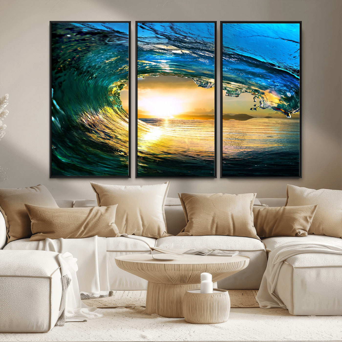 19378-MGV-CV-36X24-Ocean Wave Sunset Wall Art – Vibrant Surf and Golden Horizon Canvas Print, Coastal Seascape Photography for Living Room, Bedroom,