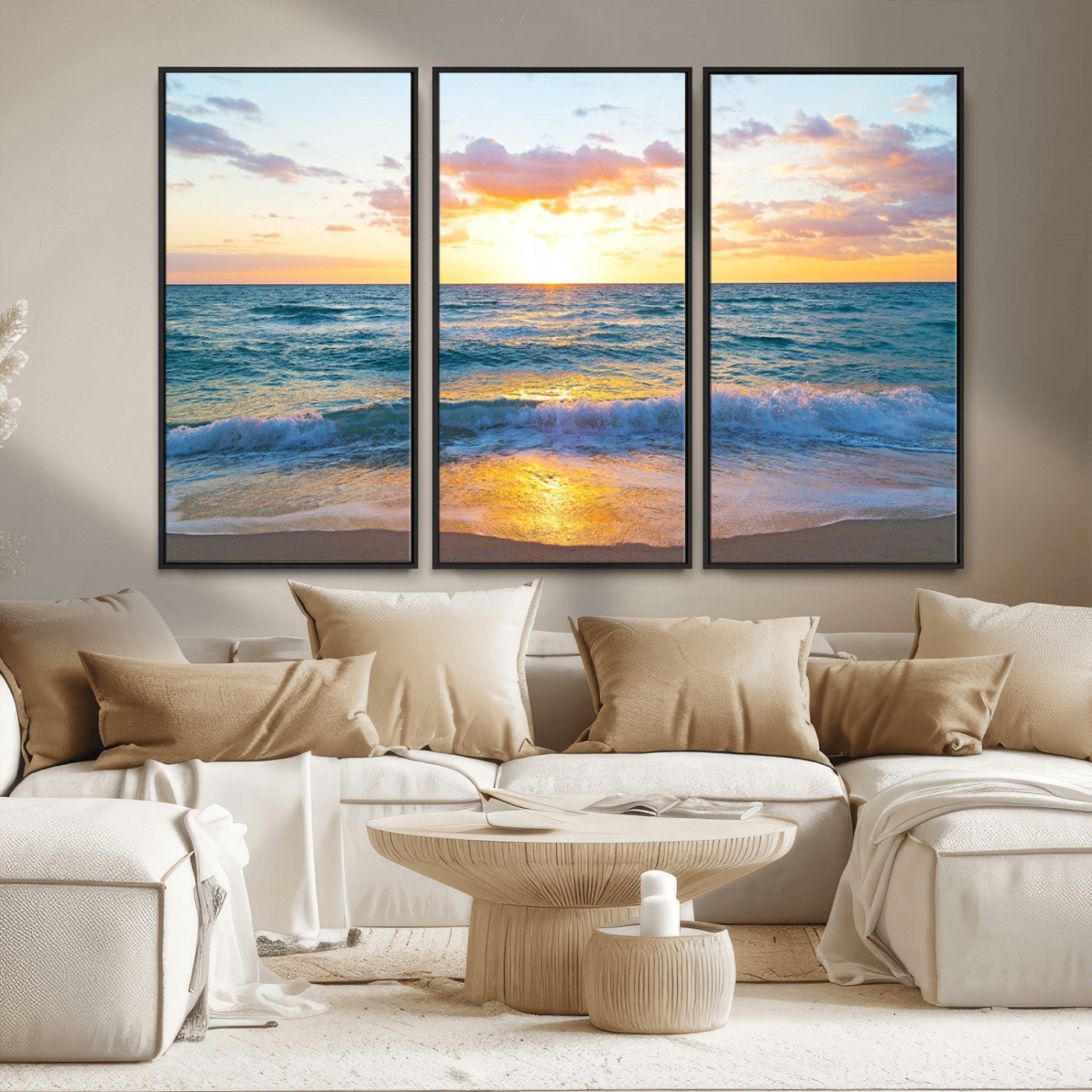 78006-MGV-CV-36X24-Golden Sunrise Ocean Wall Art – Panoramic Beach Waves Canvas Print, Coastal Seascape Artwork for Living Room, Bedroom, Office, or