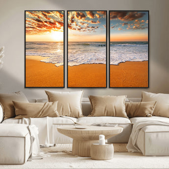 15399-MGV-CV-36X24-Golden Sunrise Beach Wall Art – Ocean Waves on Sandy Shore Canvas Print, Coastal Seascape Decor for Living Room or Bedroom