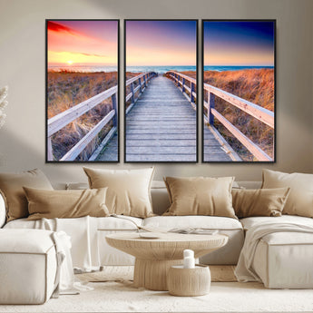 60625-MGV-CV-36X24-Beach Boardwalk Sunrise Wall Art – Coastal Pathway to Ocean Canvas Print, Seaside Landscape Decor for Home or Office
