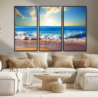 50522-MGV-CV-36X24-Ocean Sunrise Wall Art – Peaceful Beach Waves and Golden Horizon Canvas Print, Coastal Seascape Decor for Home or Office