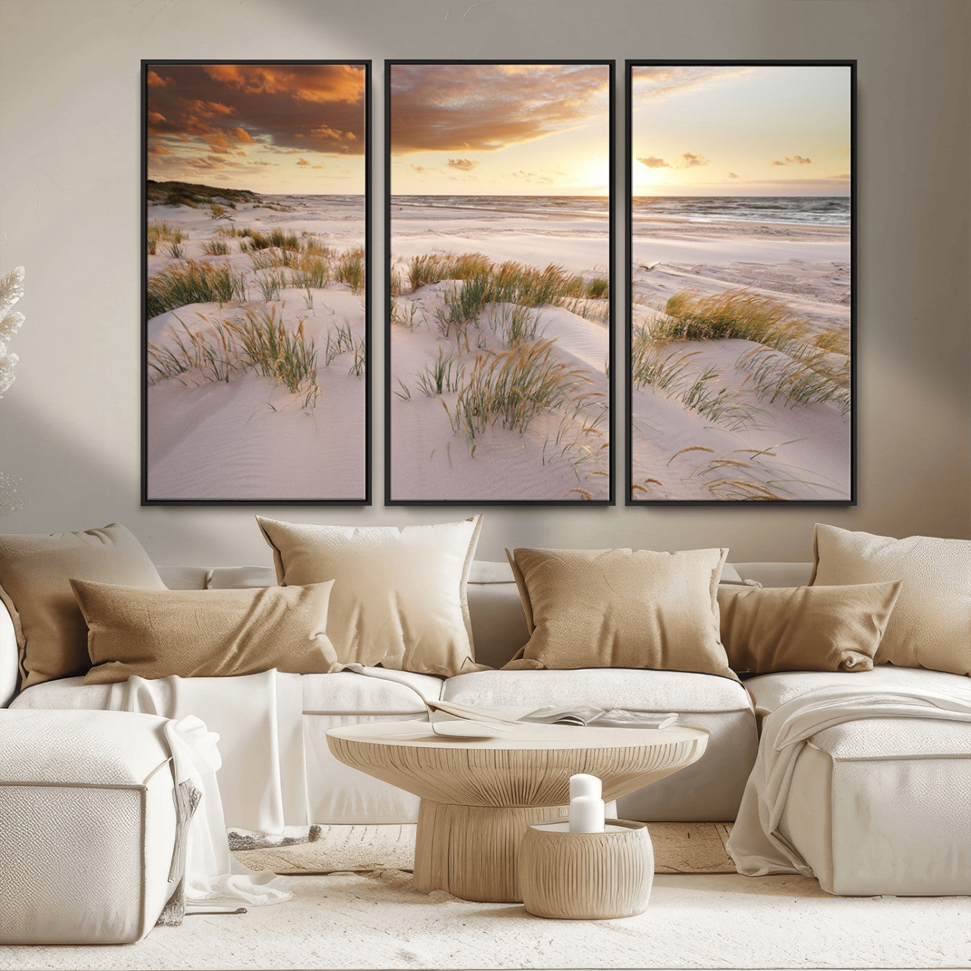 61246-MGV-CV-36X24-Coastal Sand Dunes Wall Art – Serene Beach Sunset Canvas Print with Grasses and Ocean View, Tranquil Seaside Decor for Living Room