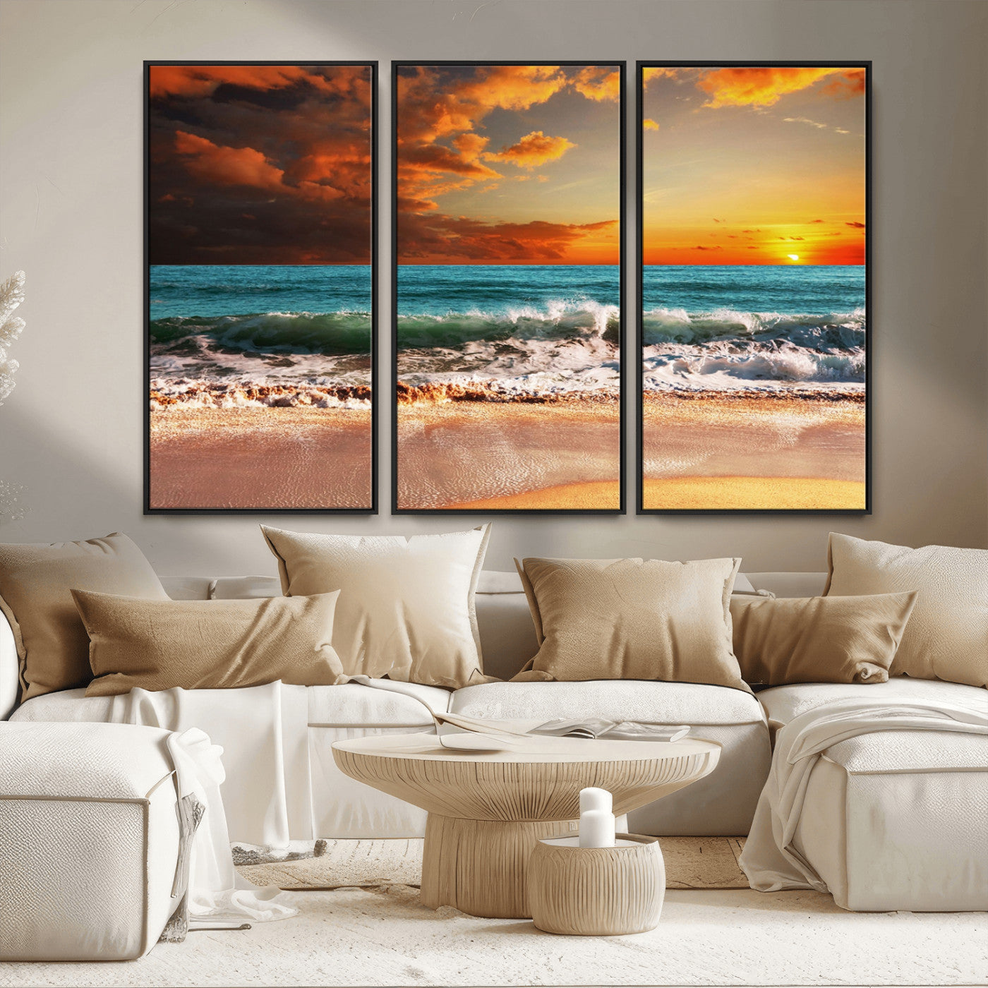 72948-MGV-CV-36X24-Ocean Sunset Wave Wall Art – Dramatic Seascape Canvas Print with Golden Sky and Crashing Waves, Coastal Beach Decor for Living