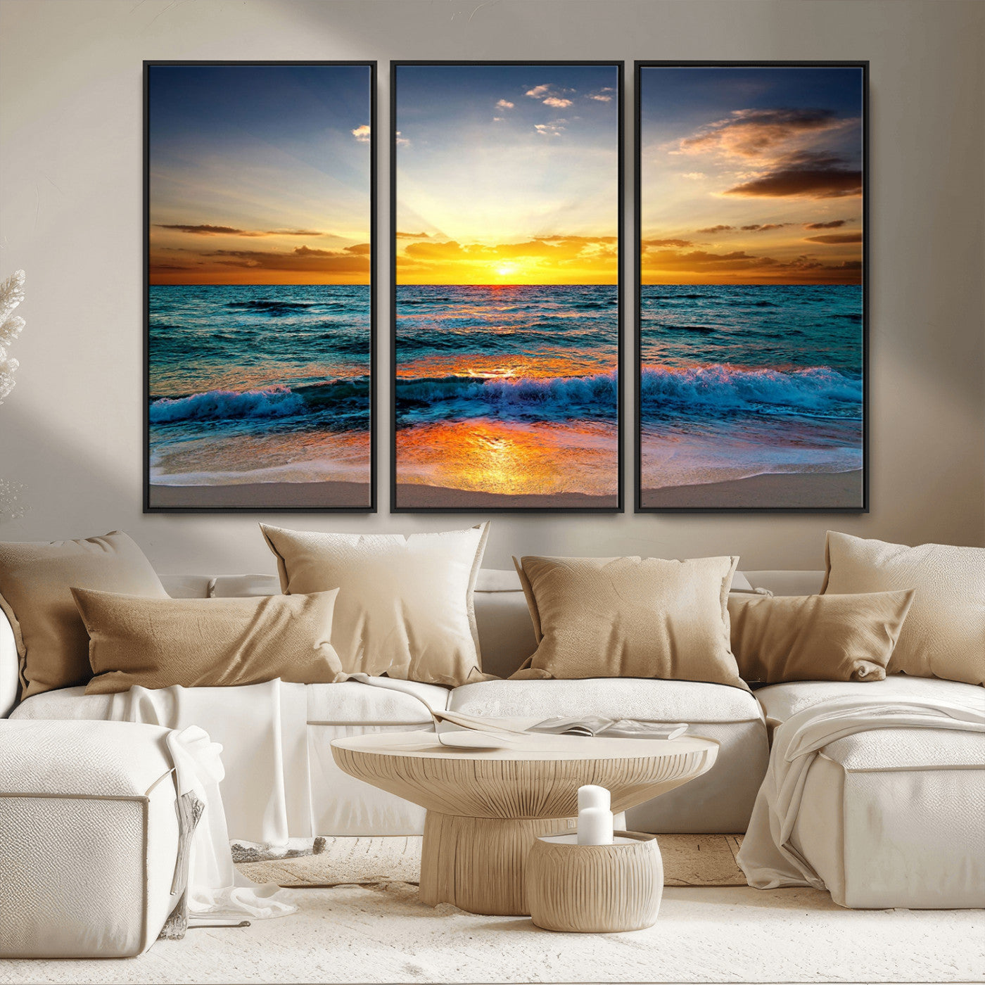 50627-MGV-CV-36X24-Ocean Sunset Wall Art – Serene Beach Canvas Print with Waves and Golden Sky, Coastal Decor for Living Room or Office