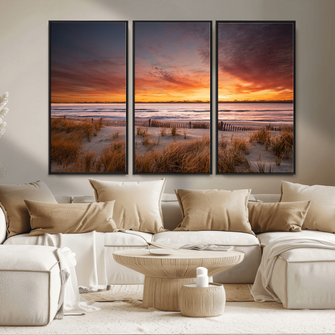 90176-MGV-CV-36X24-Beach Sunset Wall Art – Coastal Sand Dune Canvas Print with Ocean Waves and Dramatic Sky, Seaside Landscape Decor for Living Room