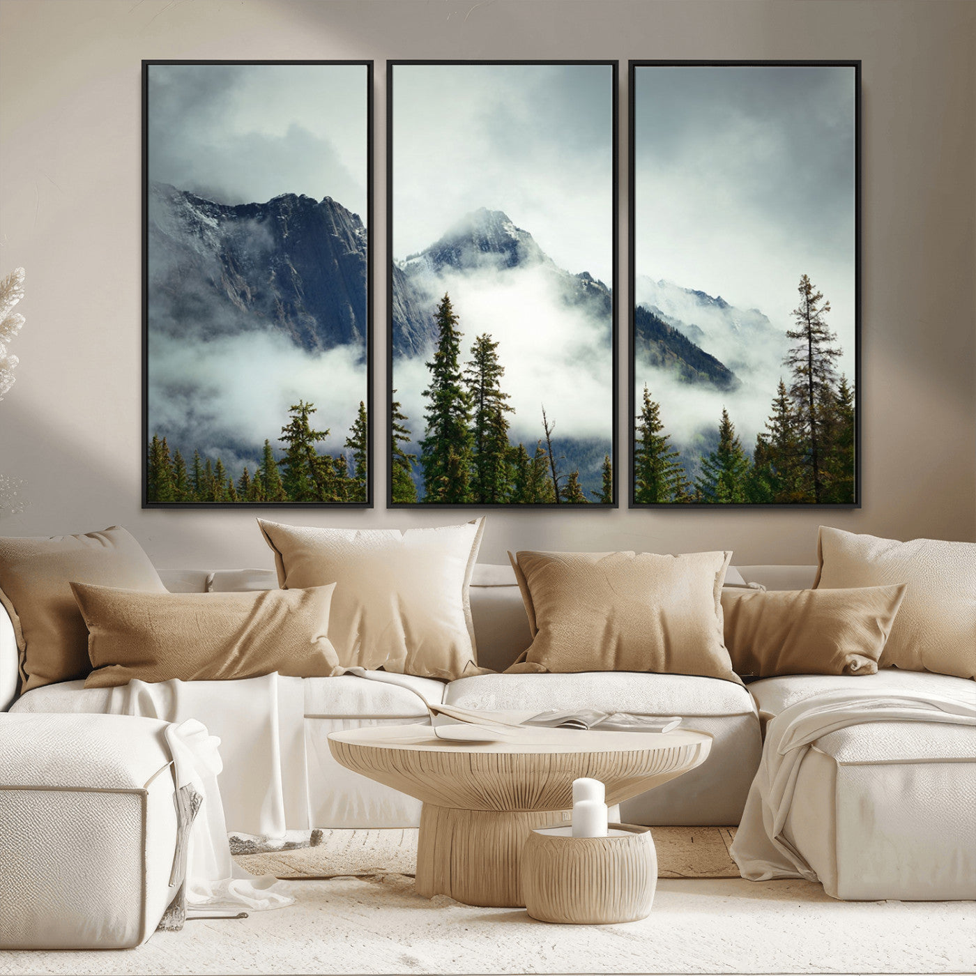 93219-MGV-FC-48X32-3P_Black-Misty Mountain Wall Art – Foggy Pines and Rocky Peaks Canvas Print, Nature Landscape Decor for Living Room, Office or Bedroom