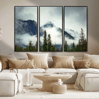 93219-MGV-CV-36X24-Misty Mountain Wall Art – Foggy Pines and Rocky Peaks Canvas Print, Nature Landscape Decor for Living Room, Office or Bedroom