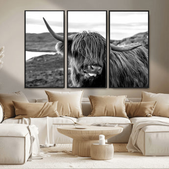83810-MGV-CV-36X24-Highland Cow Wall Art – Black and White Highland Cattle Print, Rustic Farmhouse Animal Decor for Living Room