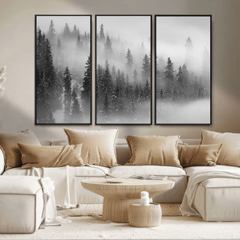 57235-MGV-CV-36X24-Misty Pine Forest Wall Art – Black and White Mountain Landscape Canvas Print, Nature Woodland Decor for Living Room, Bedroom or