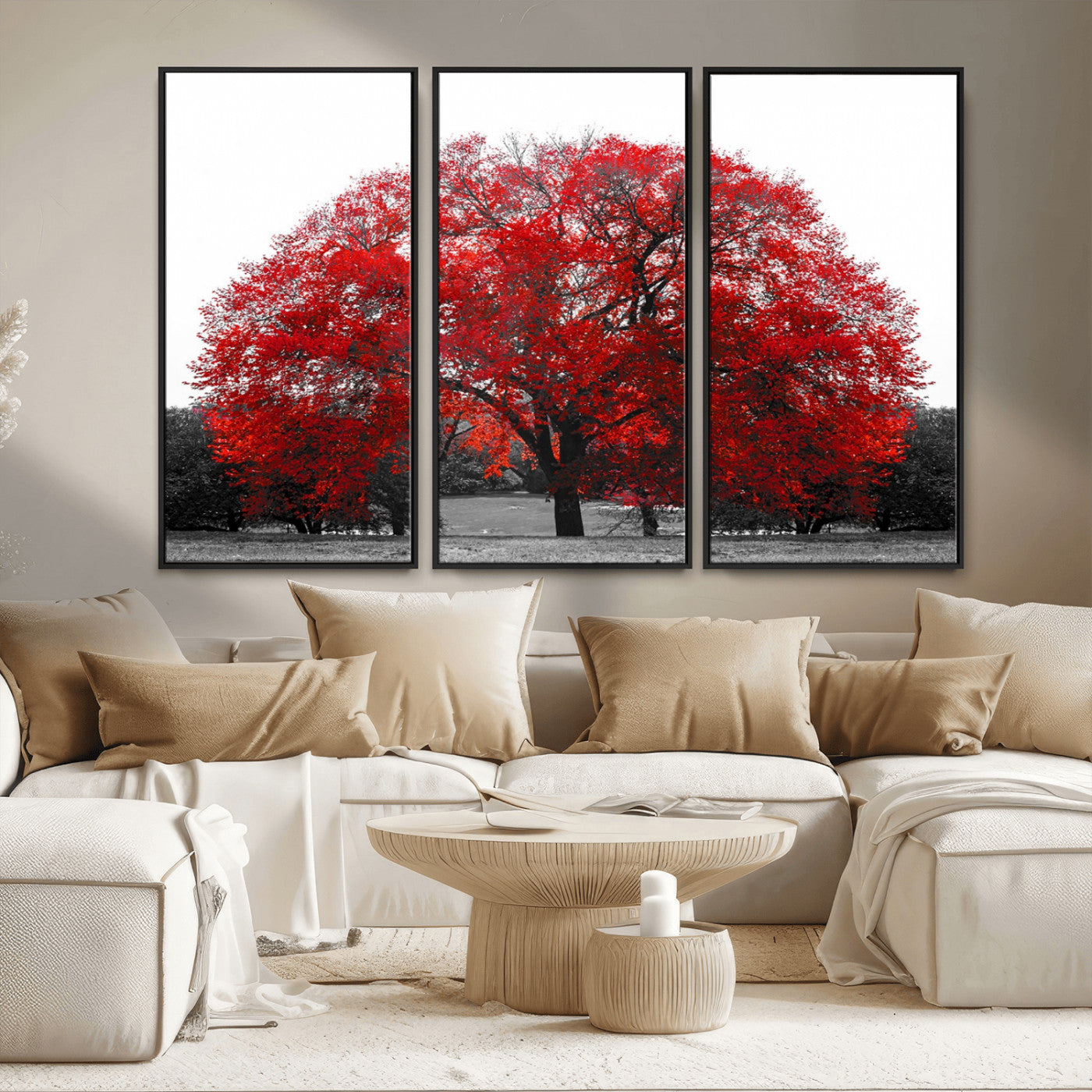 80021-MGV-FC-48X32-3P_Black-Red Tree Wall Art – Striking Black and White Landscape Canvas Print with Vibrant Red Leaves, Modern Nature Decor for Living Room