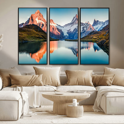 88453-MGV-FC-48X32-3P_Black-Mountain Lake Wall Art – Snow-Capped Peaks Reflected in Alpine Water Canvas Print, Nature Landscape Wall Decor for Living Room or