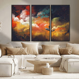 45085-MGV-CV-36X24-Surreal Cosmic Wall Art – Abstract Galaxy Dreamscape Canvas Print with Man and Dog in Boat, Fantasy Nebula Painting for Living