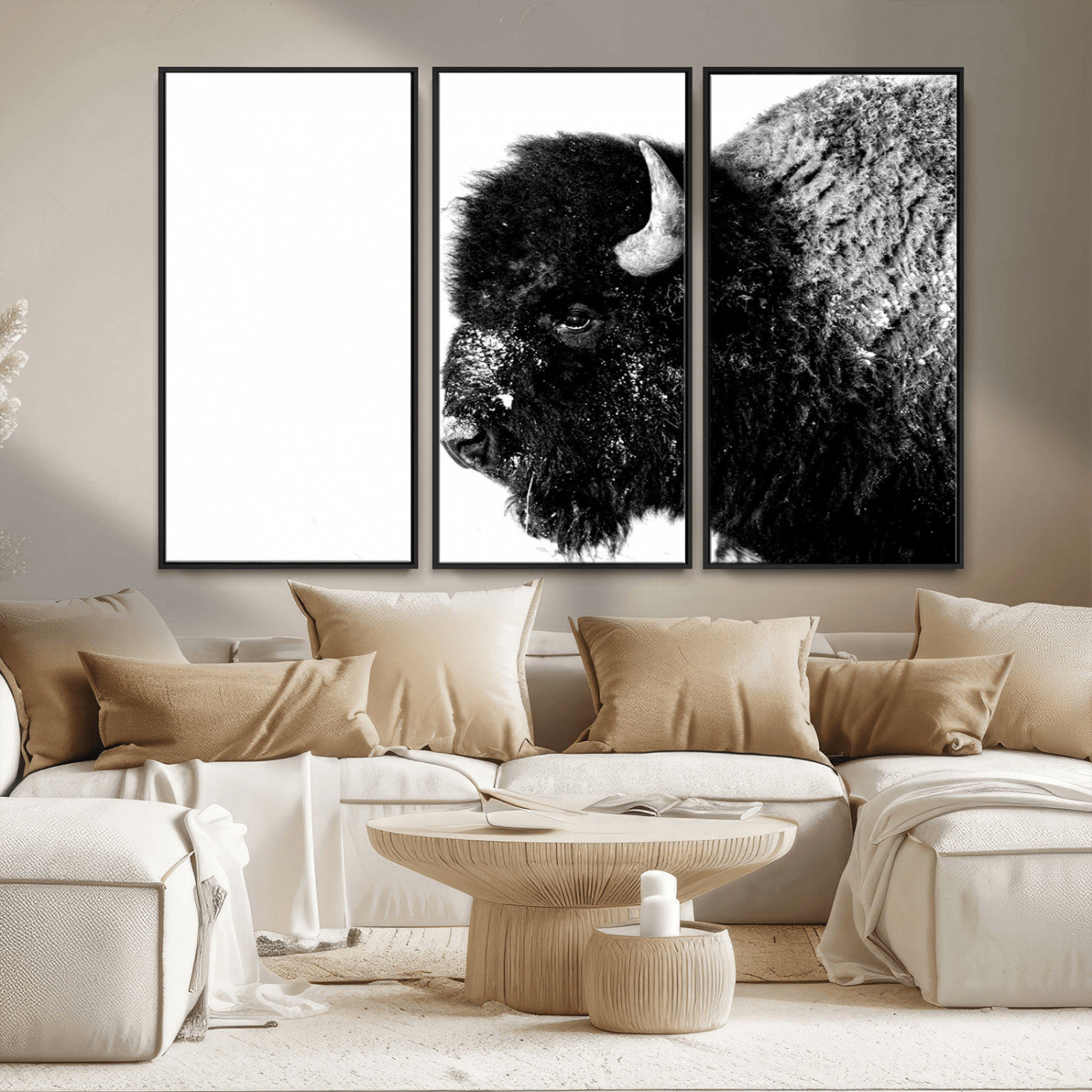 68780-MGV-CV-36X24-Bison Close-Up Wall Art – Black and White Buffalo Canvas Print, Rustic Wildlife Photography Decor for Living Room, Office, or