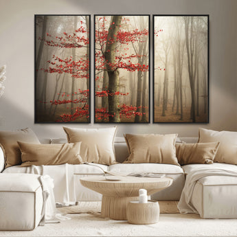61855-MGV-FC-48X32-3P_Black-Misty Forest Wall Art – Red Tree with Autumn Leaves Canvas Print, Moody Woodland Nature Decor for Living Room, Bedroom, or Office