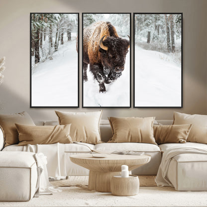 84699-MGV-CV-36X24-Bison in Winter Wall Art – Majestic Buffalo Canvas Print with Snowy Forest Landscape, Rustic Wildlife Artwork for Cabin, Living