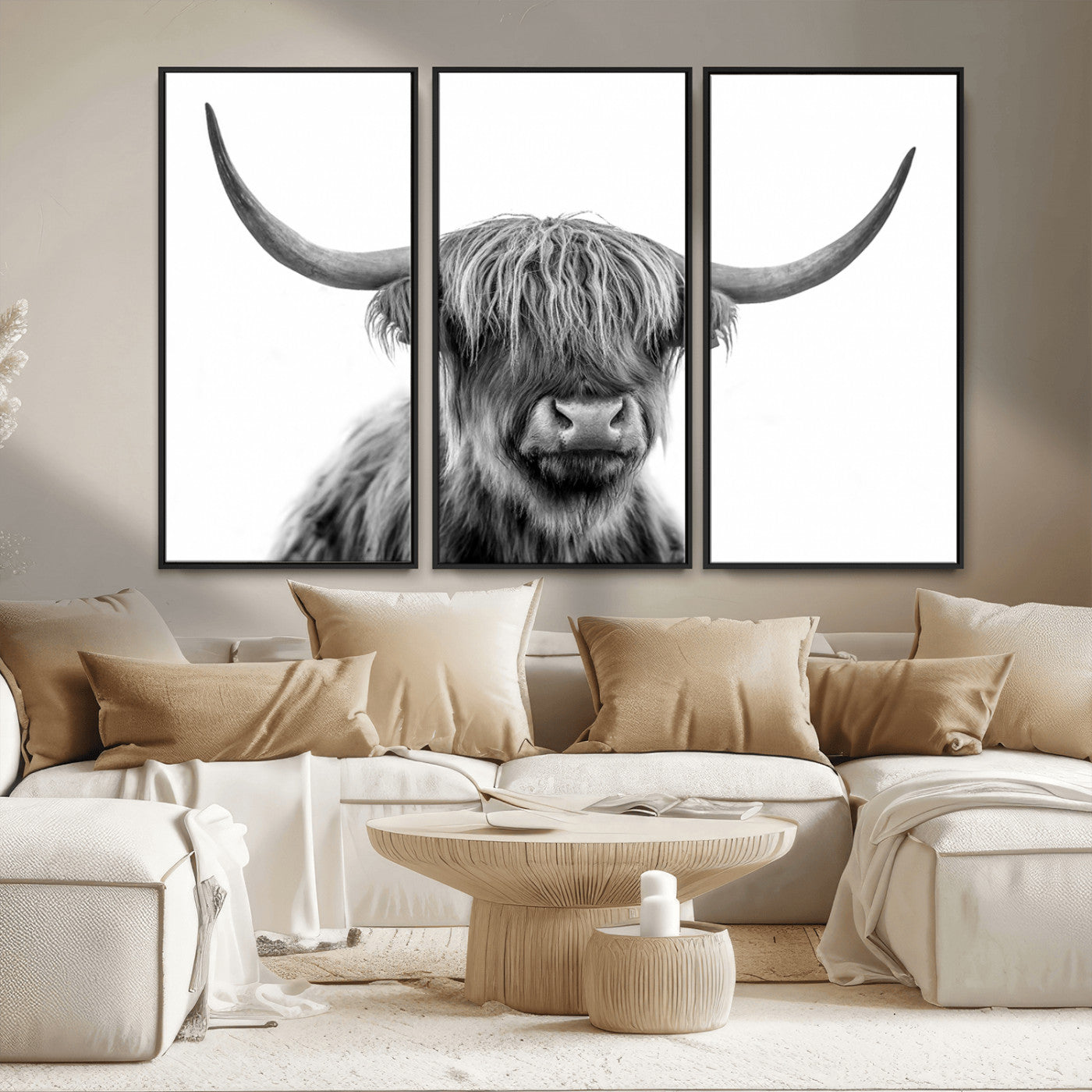 10123-MGV-CV-36X24-Black and White Highland Cow Wall Art – Modern Farmhouse Animal Print, Rustic Scottish Bull Canvas Decor for Living Room, Bedroom,