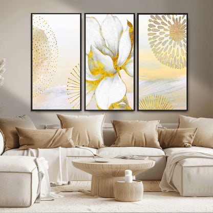82301-MGV-FC-48X32-3P_Black-Modern Floral Wall Art – White Flower with Gold Detailing Canvas Print, Elegant Abstract Artwork for Living Room, Bedroom, or