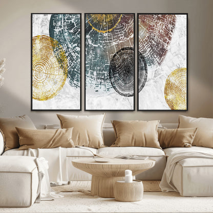 70653-MGV-CV-36X24-Abstract Tree Ring Wall Art – Modern Rustic Wood Slice Canvas Print with Gold Accents, Contemporary Nature Decor for Living Room,