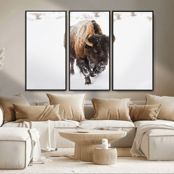 19889-MGV-CV-36X24-Snow Bison Wall Art – Majestic Buffalo Winter Landscape Canvas Print, Rustic Wildlife Photography Decor for Cabin, Lodge, Living