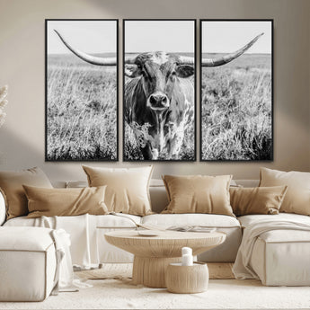 77320-MGV-CV-36X24-Texas Longhorn Wall Art – Black and White Western Cattle Canvas Print, Rustic Farmhouse Animal Photography Decor for Living Room,