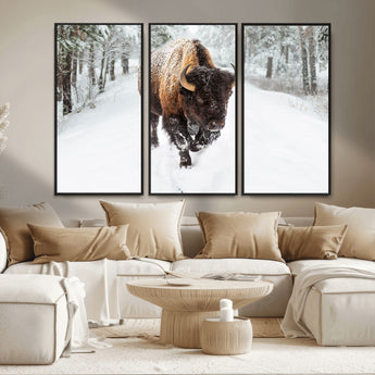 10109-MGV-CV-36X24-Majestic Bison Winter Wall Art – Snowy Forest Buffalo Canvas Print, Rustic Wildlife Photography Decor for Cabin, Lodge, Living