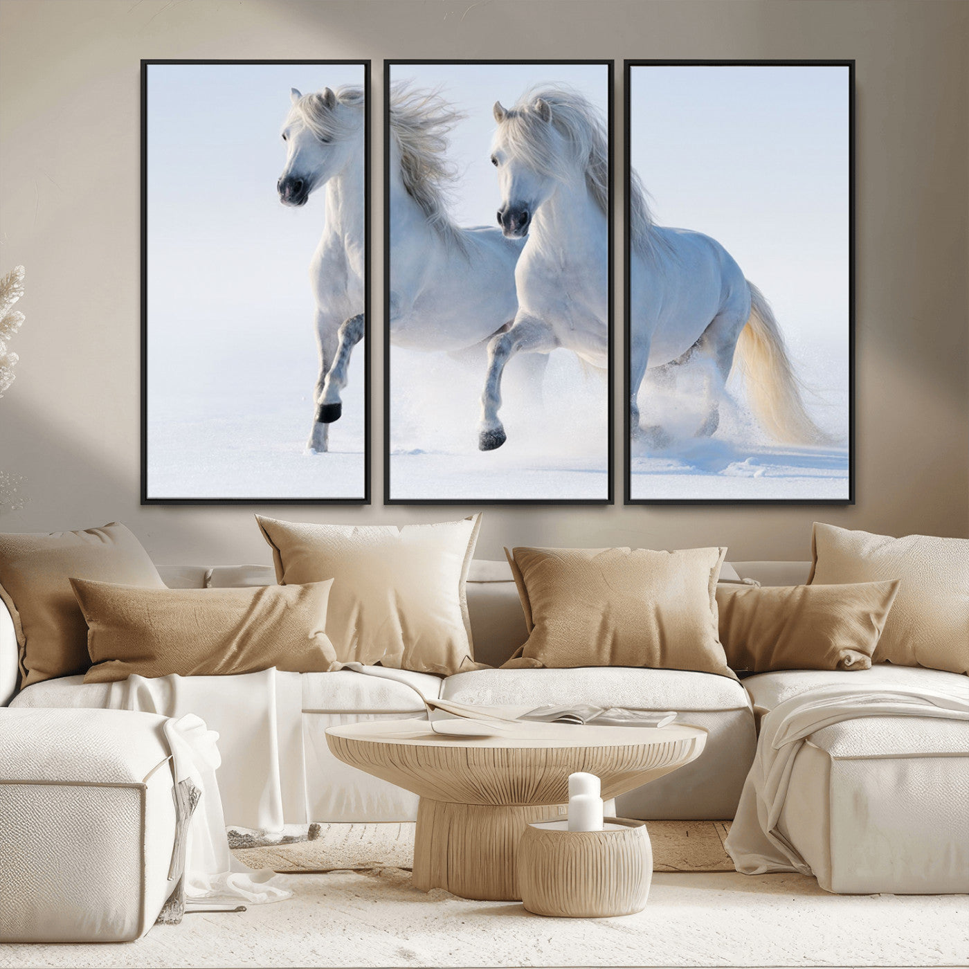 80145-MGV-CV-36X24-White Horses Running Snow Wall Art – Majestic Equine Canvas Print, Winter Nature Photography Decor for Living Room, Office,