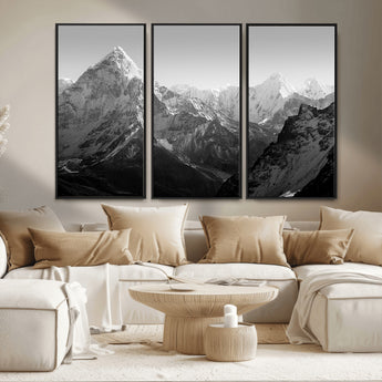 10775-MGV-CV-36X24-Snow Capped Mountain Wall Art – Black and White Canvas Print of Majestic Peaks, Nature Landscape Photography for Office, Bedroom,