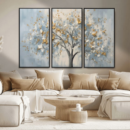 65811-MGV-CV-36X24-Abstract Tree Wall Art – Textured Canvas Painting with Gold and White Leaves, Modern Nature Inspired Decor for Living Room or