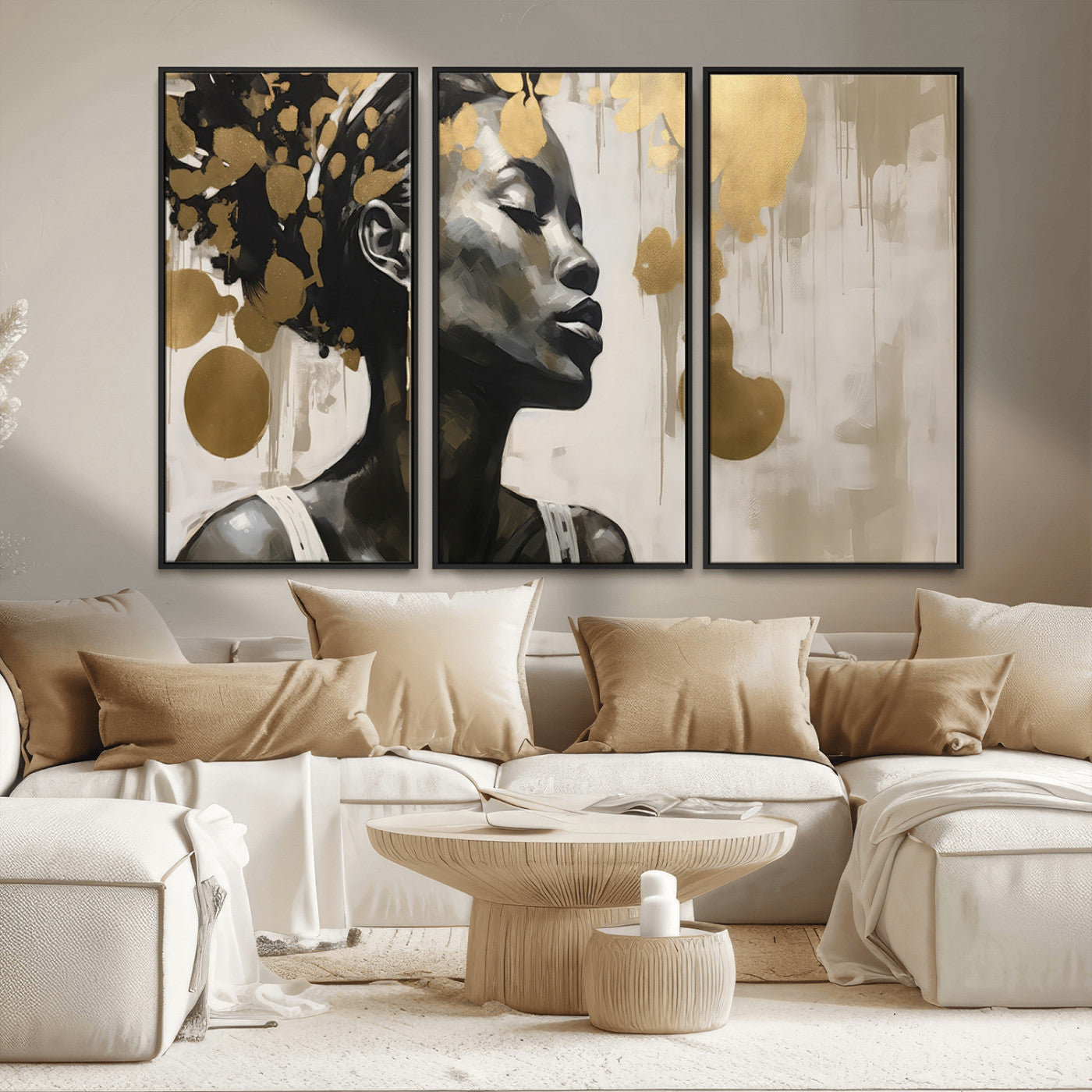 65669-MGV-CV-36X24-Elegant Black Woman Wall Art – Modern Abstract Portrait Canvas with Gold Accents, Contemporary Afrocentric Decor for Living Room