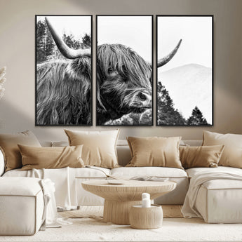 61570-MGV-FC-48X32-3P_Black-Highland Cow Wall Art – Black and White Scottish Bull Canvas Print, Rustic Farmhouse Animal Decor for Living Room, Bedroom, or