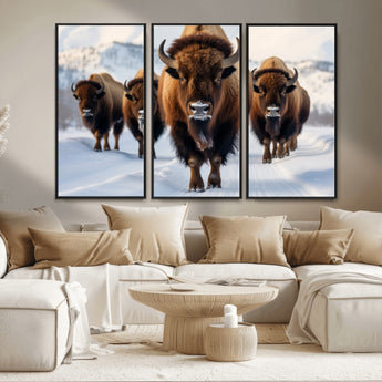 56701-MGV-CV-36X24-Bison Herd Wall Art – Buffalo Walking in Snowy Mountains Canvas Print, Rustic Wildlife Decor for Cabin, Lodge, or Living Room