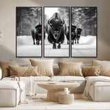 45287-MGV-FC-48X32-3P_Black-Bison Herd Wall Art – Black and White Buffalo Snow Road Canvas Print, Rustic Wildlife Decor for Cabin, Lodge or Living Room