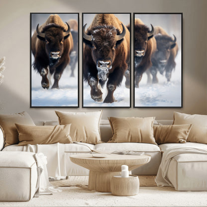 80512-MGV-CV-36X24-Bison Herd Wall Art – Buffalo Running in Snow Canvas Print, Rustic Wildlife Photography Decor for Cabin, Lodge, or Living Room