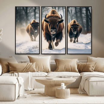 56549-MGV-CV-36X24-Wild Bison Wall Art – Majestic Buffalo Herd Running in Snow Canvas Print, Rustic Wildlife Photography Decor for Cabin, Lodge, or