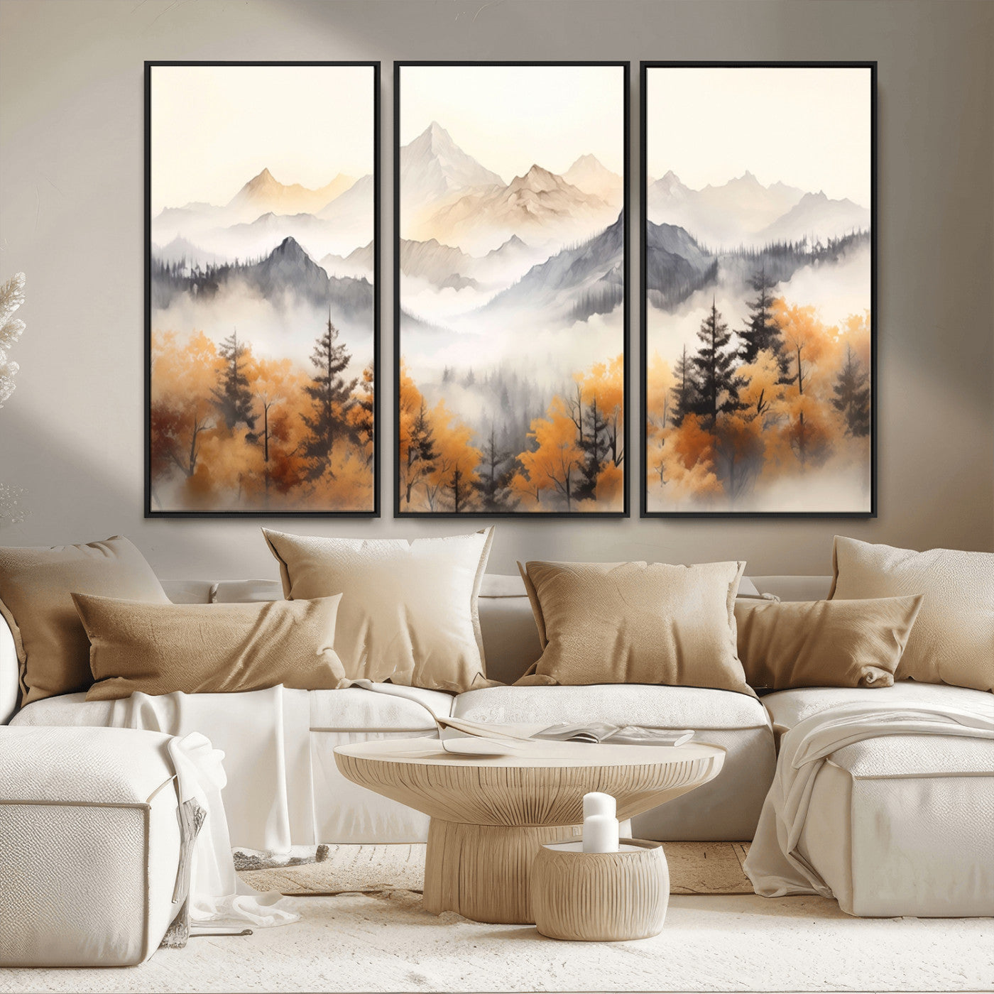 70049-MGV-FC-48X32-3P_Black-Autumn Mountain Forest Wall Art – Misty Landscape Canvas Print, Rustic Nature Inspired Decor for Living Room, Bedroom or Office